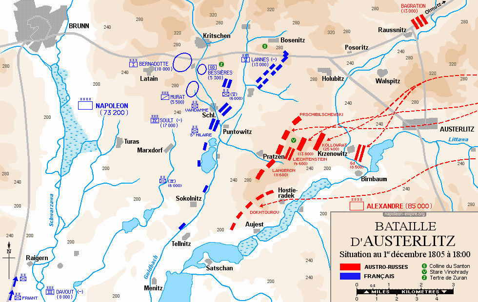 Batailles napoléoniennes - Carte de la bataille d’Austerlitz - Situation au 1er décembre 1805, 18 heures
