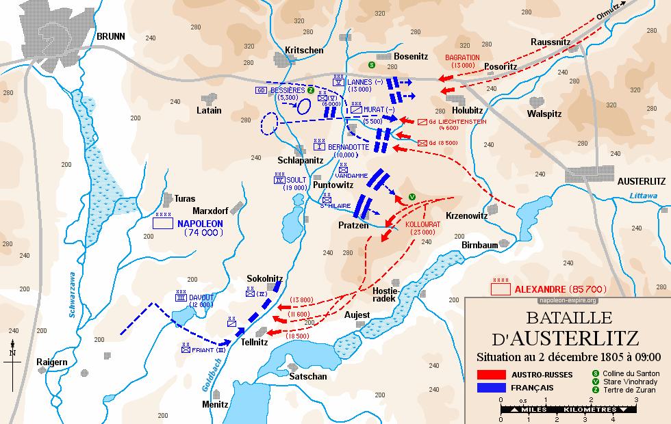 Batailles napoléoniennes - Carte de la bataille d’Austerlitz - Situation au 2 décembre 1805, 9 heures