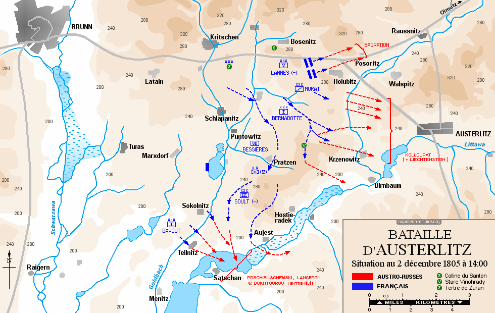 Batailles napoléoniennes - Carte de la bataille d’Austerlitz - Situation au 2 décembre 1805, 14 heures