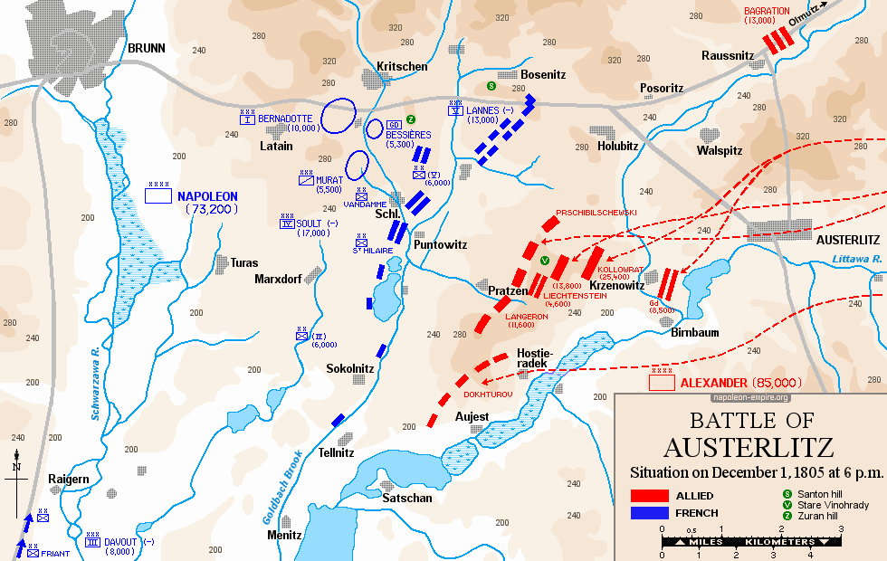 Napoleonic Battles - Map of the battle of Austerlitz - Situation on December 1, 1805 at 6 p.m.
