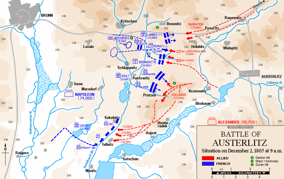 Napoleonic Battles - Map of the battle of Austerlitz - Situation on December 2, 1805 at 9 a.m.