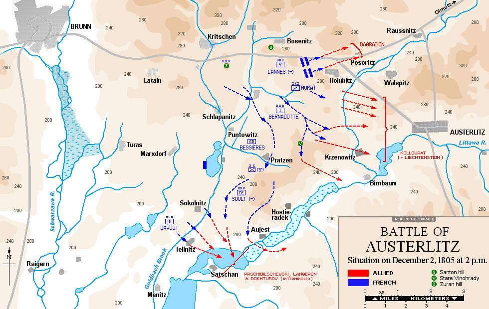 Napoleonic Battles - Map of the battle of Austerlitz - Situation on December 2, 1805 at 2 p.m.