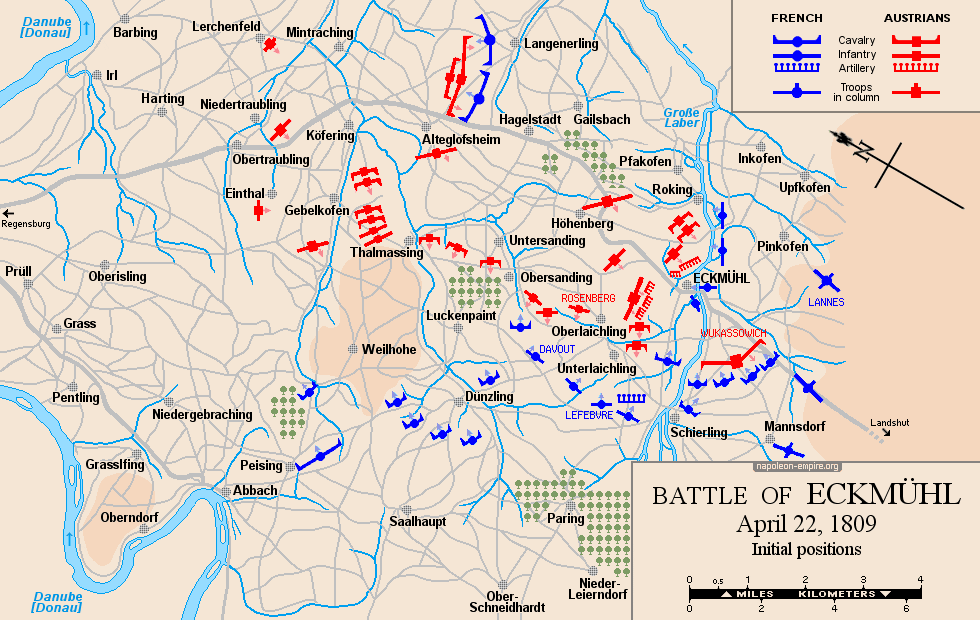 Napoleonic Battles - Map of the battle of Eckmühl - Positions before the battle