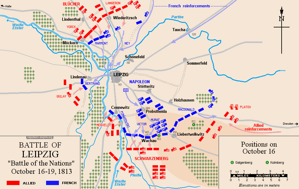 Napoleonic Battles - Map of the battle of Leipzig (Battle of the Nations) - Positions on October 16