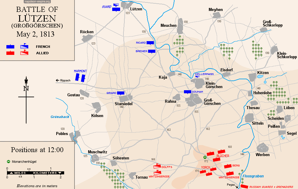 Napoleonic Battles - Map of the battle of Lützen - Positions at noon