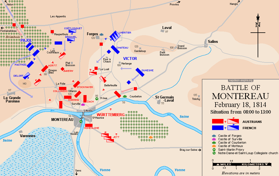 Napoleonic Battles - Map of the battle of Montereau - Positions in the morning