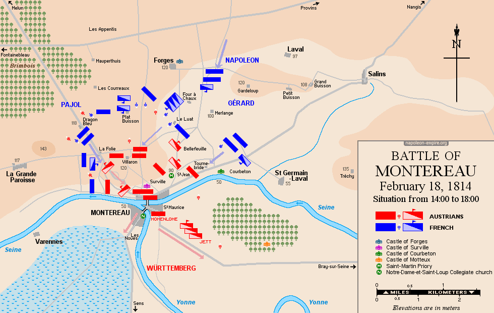 Napoleonic Battles - Map of the battle of Montereau - Positions in the afternoon