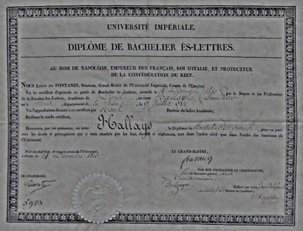 Diplôme de bachelier sous le Premier Empire