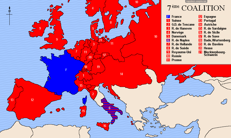 Carte d'Europe des participants à la septième coalition