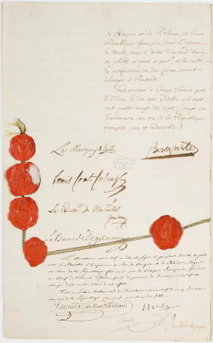Dernière page et sceaux du traité de Campo Formio Dernière page et sceaux du traité de Campo Formio