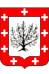 Blason de Lionel A. Bouchon&nbsp;: d'argent au buisson de sable&nbsp;; à la bordure de gueules, chargée de neuf croix grecques d'argent
