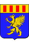 Blason de Didier Grau&nbsp;: d'azur au griffon d'or, armé et lampassé de gueules&nbsp;; au chef d'or, chargé de quatre billettes de gueules