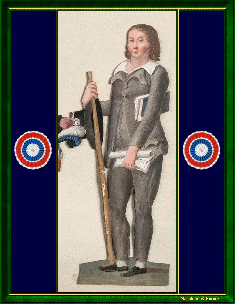 « Le Député Granet toujours en carmagnole de toile grise, son grand baton et tenant son chapeau ainsi ». Gouache by Jean-Baptiste Lesueur, painted between 1792 and 1798