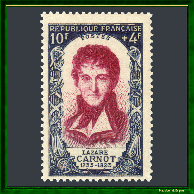 Timbre français de 10 plus 4 francs représentant Lazare Carnot